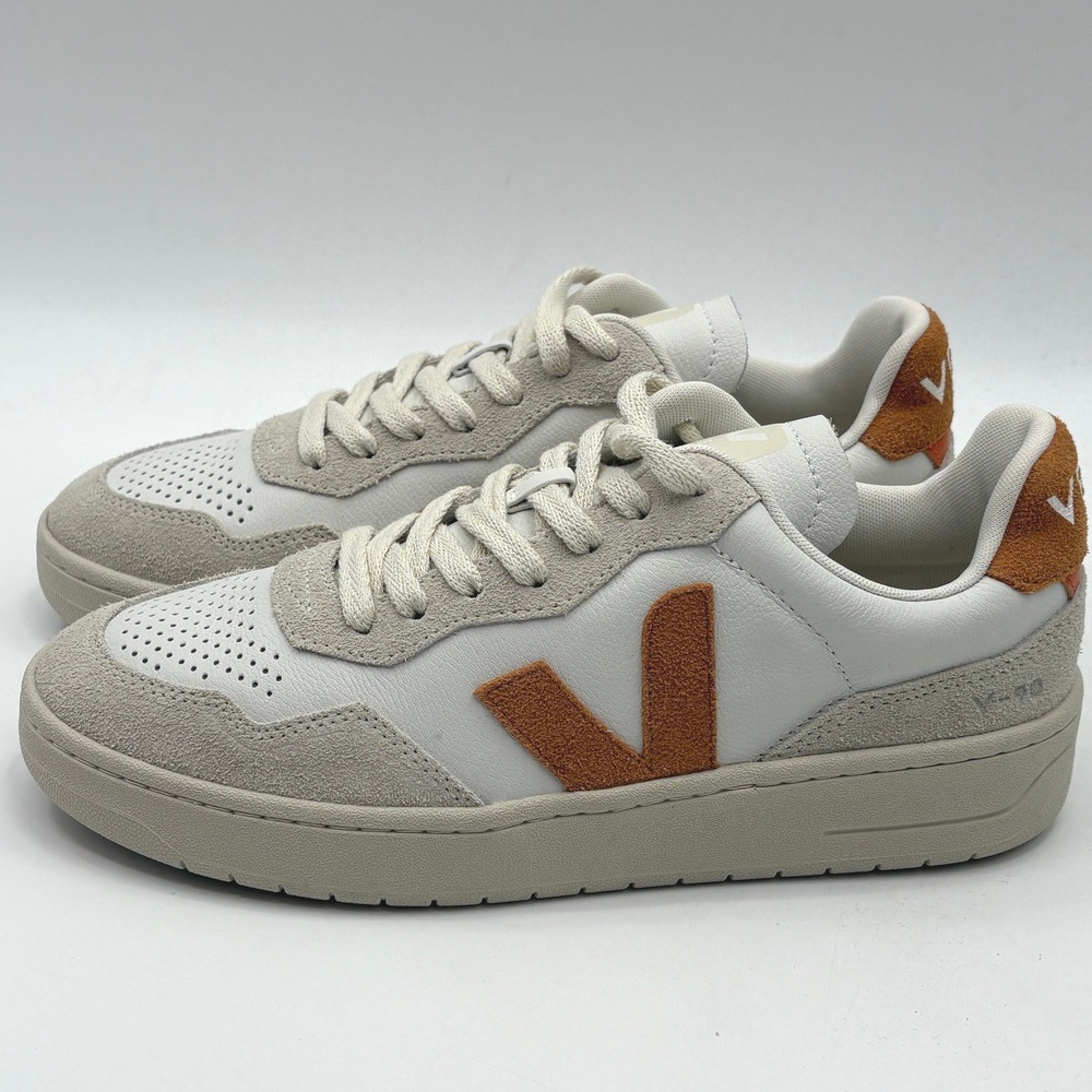 Veja V-90 Leather Suede Sneakers White Rust Orange Womens US  NWOT